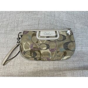 Coach Signature C Multicolor Canvas Wristlet Cream Leather Trim Zip Clutch Bag